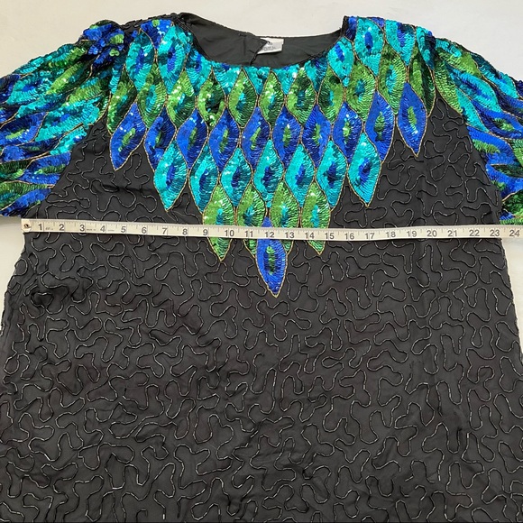 Vintage Sequin 100% Silk Peacock Green Blue Top Blouse - Picture 3 of 15